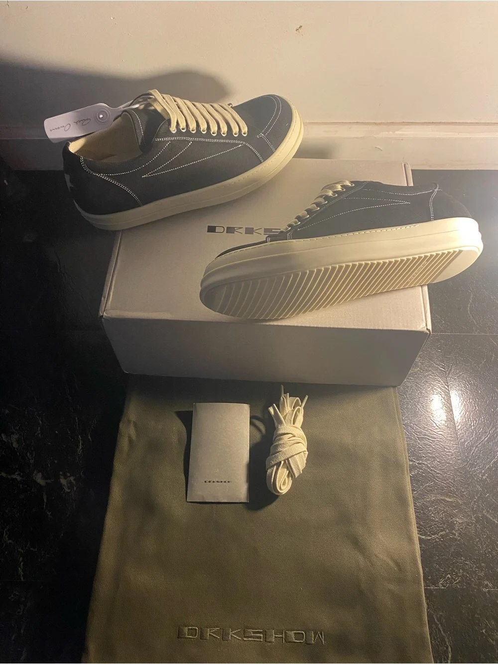 Rick Owens Black Suede Low-Top Sneakers with white Cream Sole